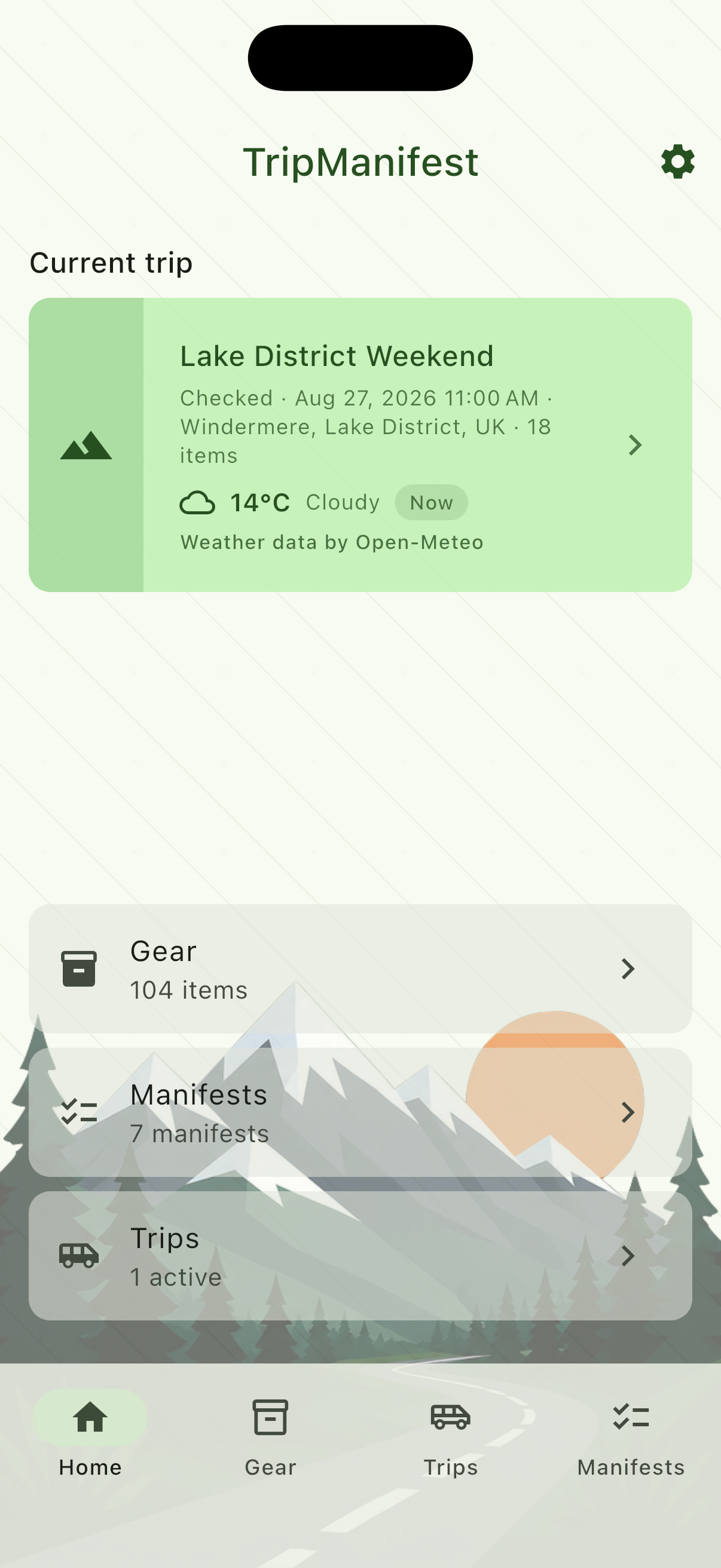 TripManifest home screen with the current trip, weather, and shortcuts.