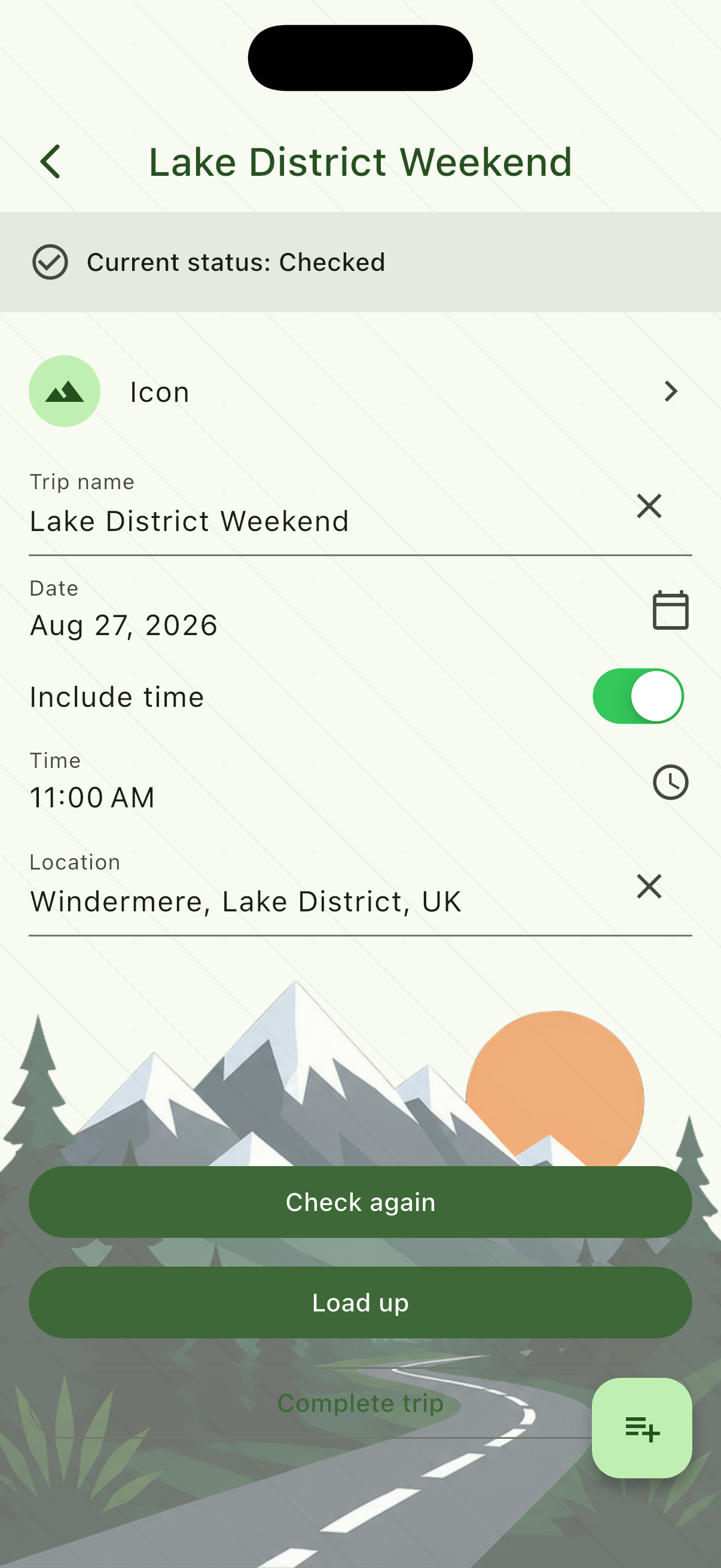 Active trip summary with location, selected gear, and Start checking and Load up buttons.