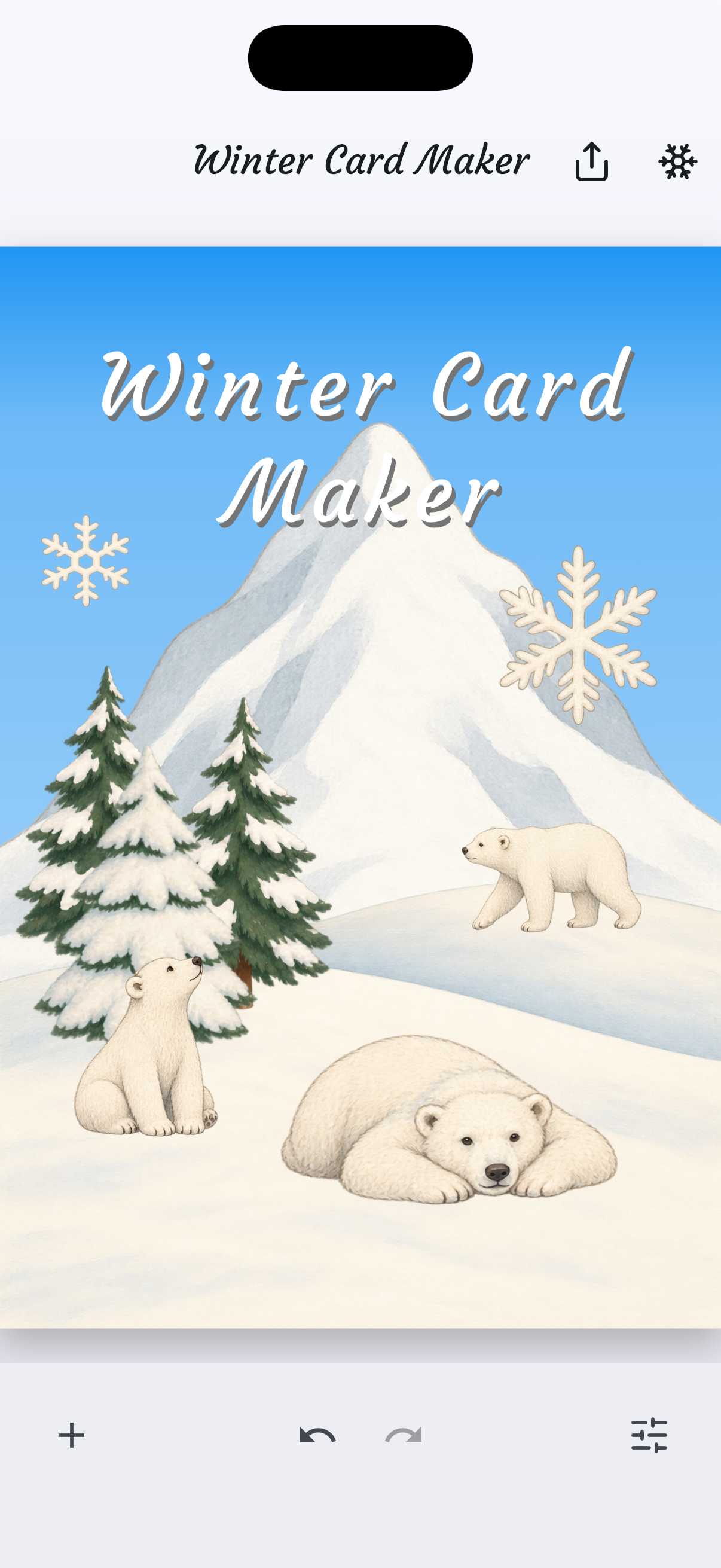 A finished winter card on iPhone: snowy mountain, pines, polar bears, and the title Winter Card Maker.