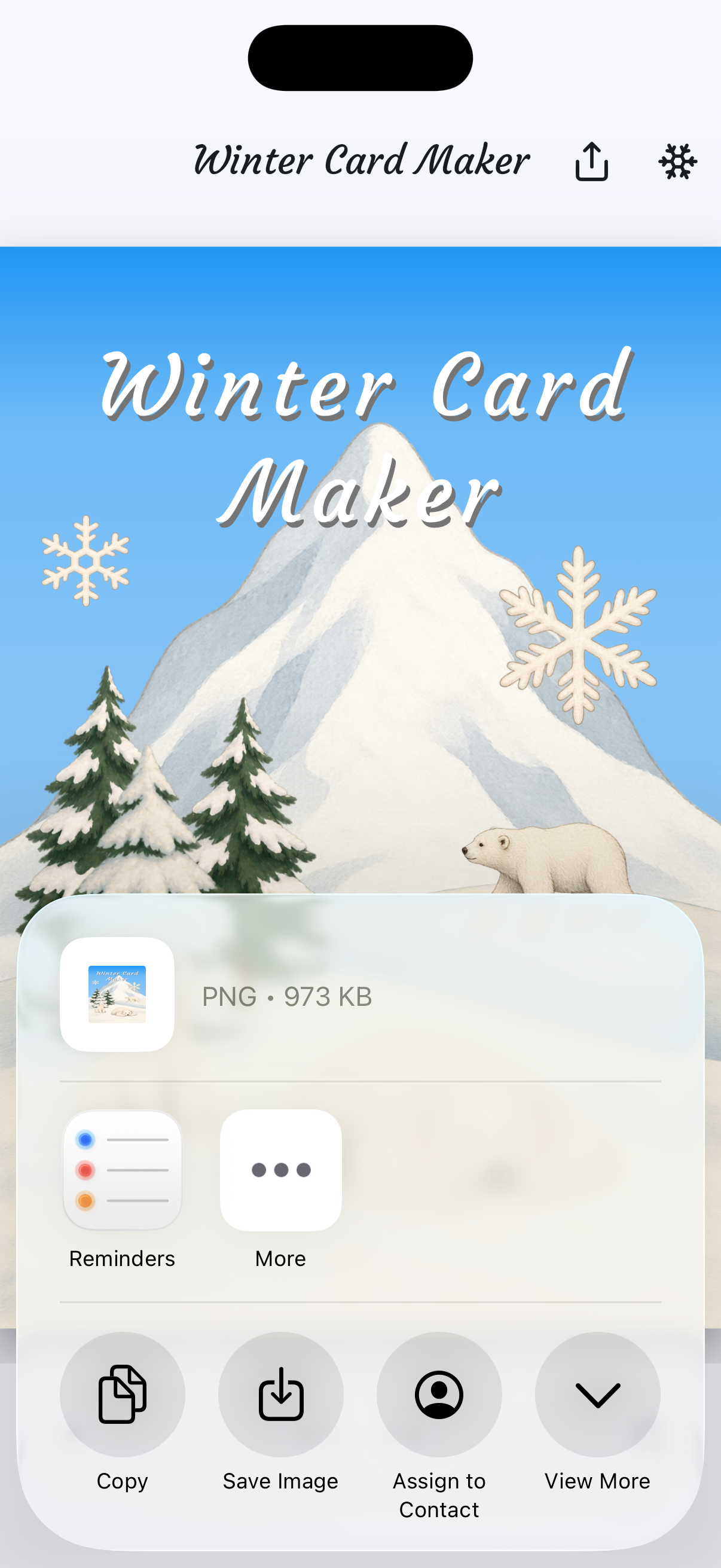 The share sheet for a finished winter card, with Copy and Save Image.