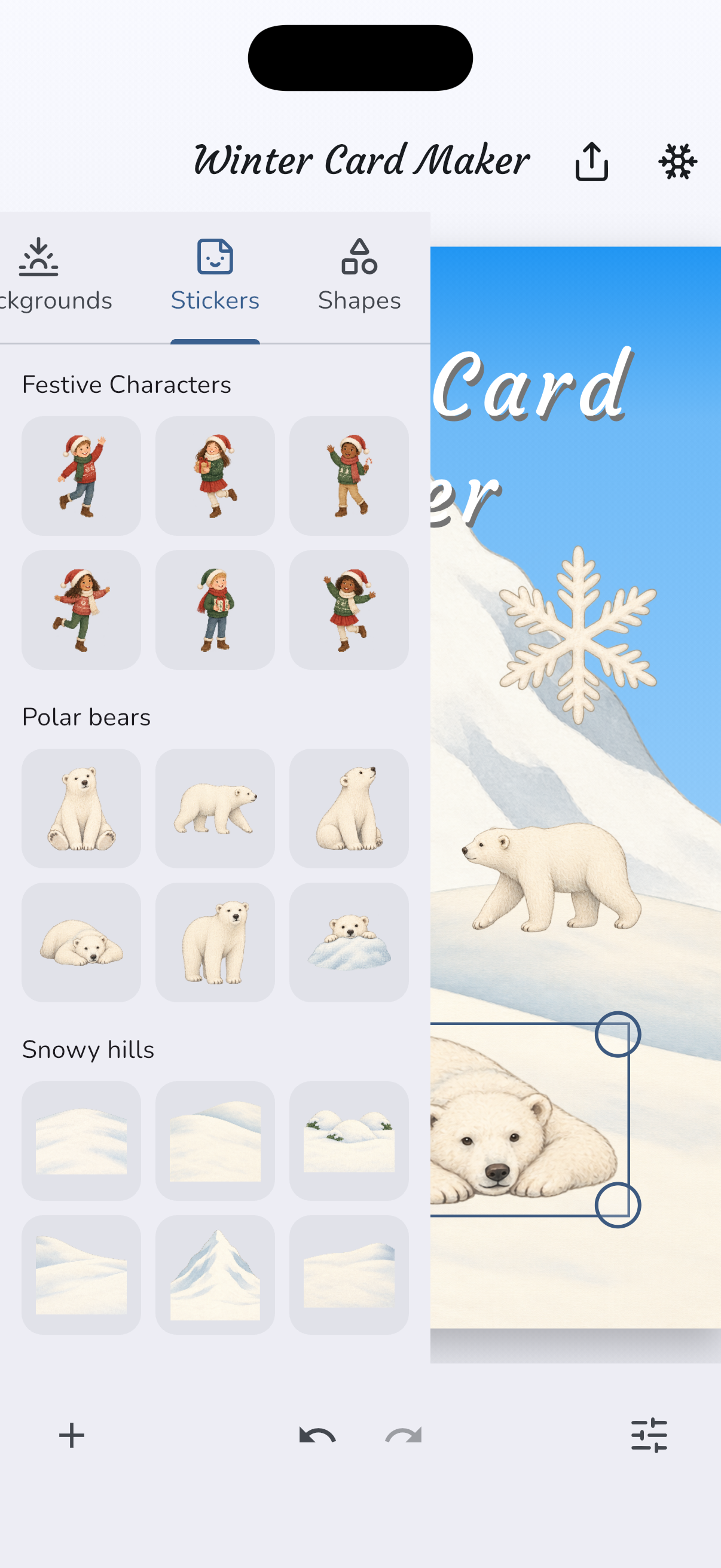 The Stickers panel open on festive characters, polar bears, and snowy hills.